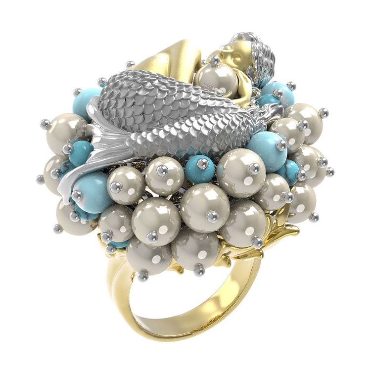 Кольцо из лимонного золота c жемчугом и бирюзой