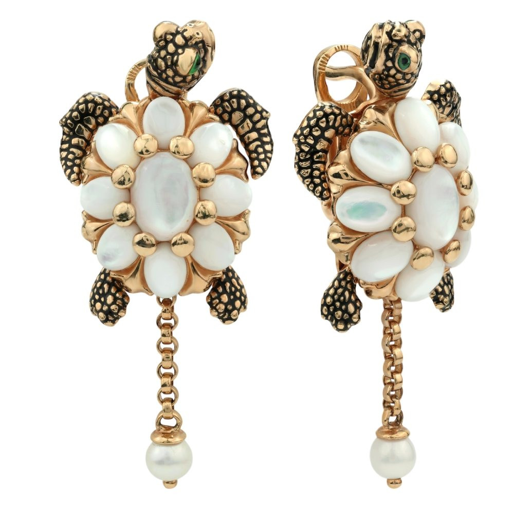 Серьги из золота c эмалью, жемчугом и перламутром