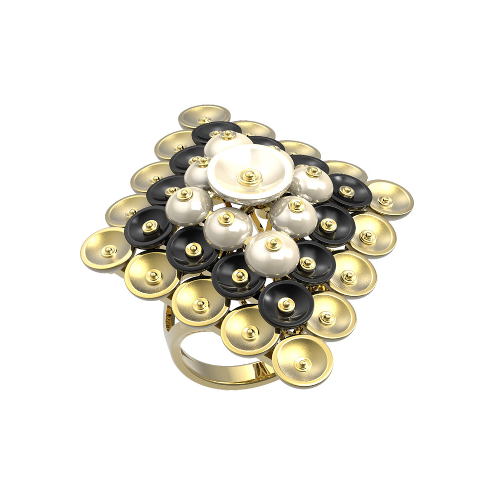 Кольцо из лимонного золота c ониксом и перламутром