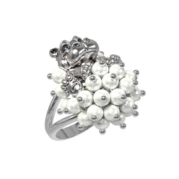 Кольцо из белого золота c эмалью и жемчугом