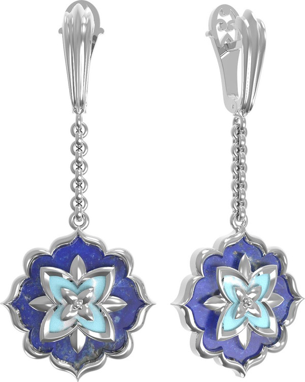 Серьги из белого золота c бирюзой и лазуритом