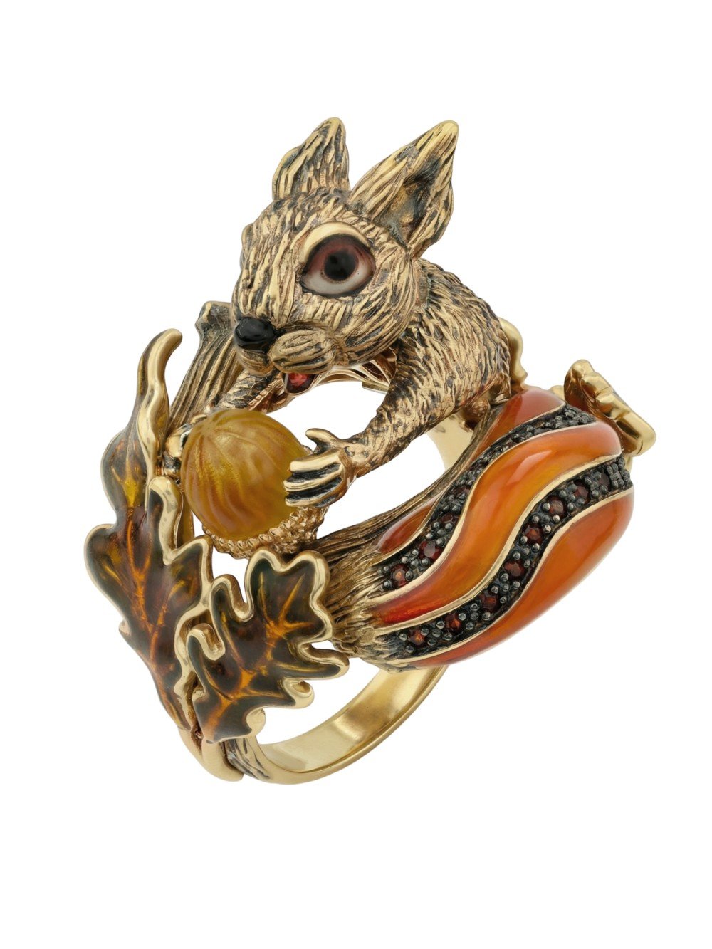 Кольцо из лимонного золота c эмалью, гранатом и янтарём