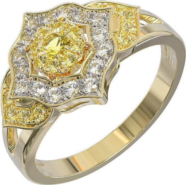 Кольцо из лимонного золота c бриллиантами и сапфиром