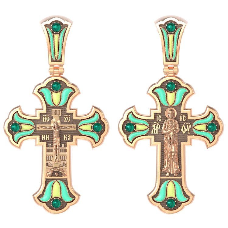 Крест из золота c эмалью и хризопразом