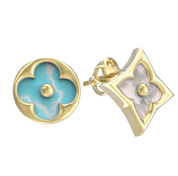 Серьги из лимонного золота c бирюзой и перламутром