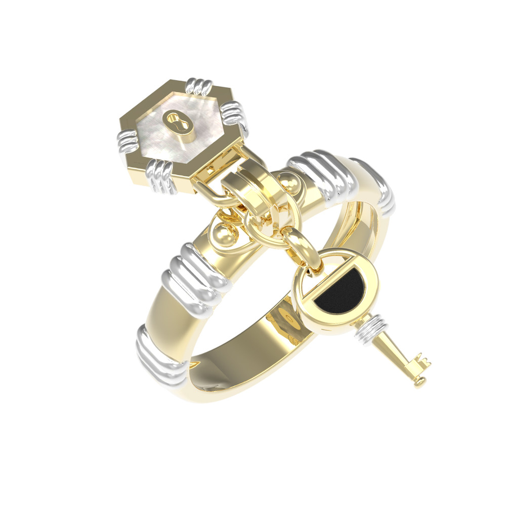 Кольцо из лимонного золота c ониксом и перламутром