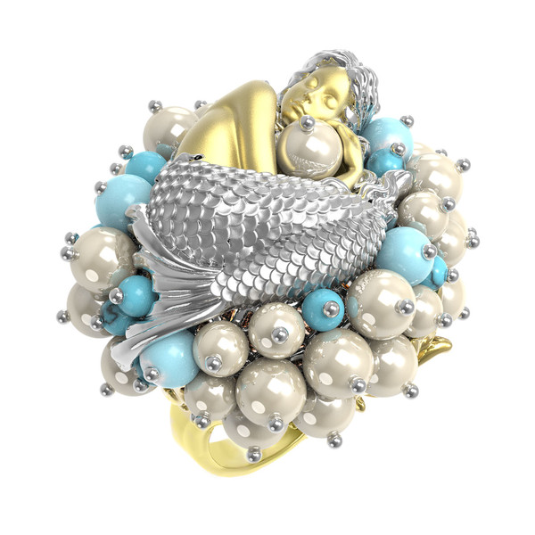 Кольцо из лимонного золота c жемчугом и бирюзой