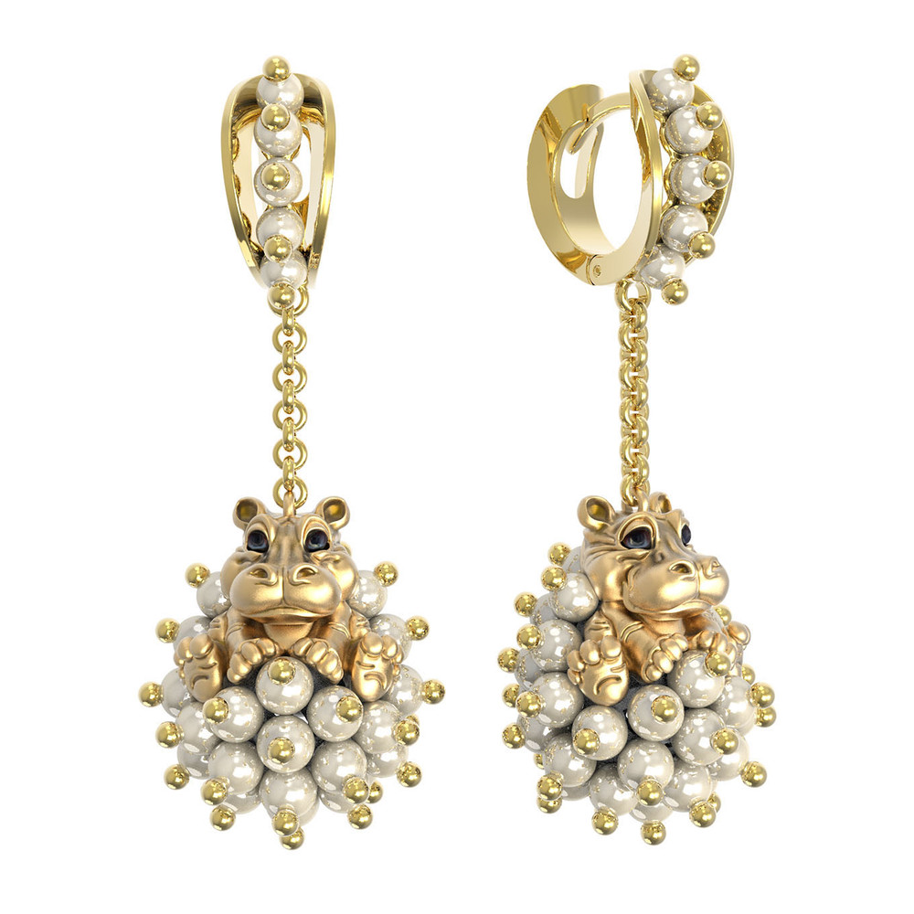 Серьги из лимонного золота c эмалью и жемчугом