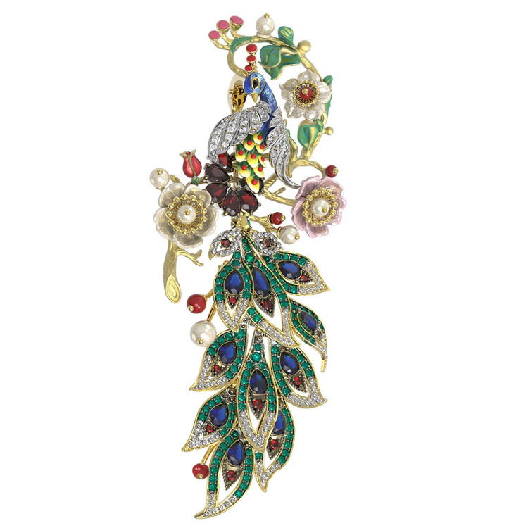 Брошь из лимонного золота c эмалью, фианитом, гранатом, жемчугом, сапфиром, кораллом и перламутром