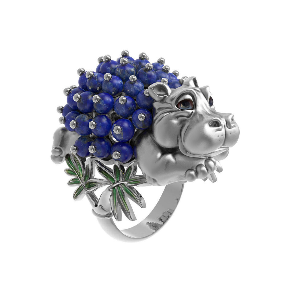 Кольцо из белого золота c эмалью и лазуритом