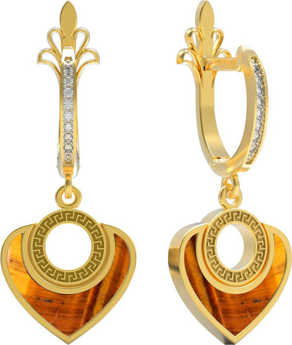 Серьги из лимонного золота c фианитом и тигровым глазом