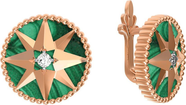 Серьги из золота c фианитом и малахитом