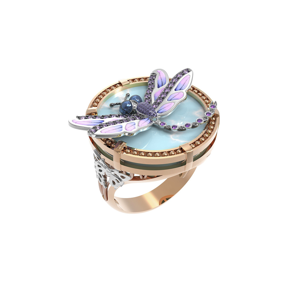 Кольцо из золота c бирюзой, аметистом и эмалью