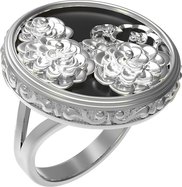 Кольцо из белого золота c ониксом и перламутром