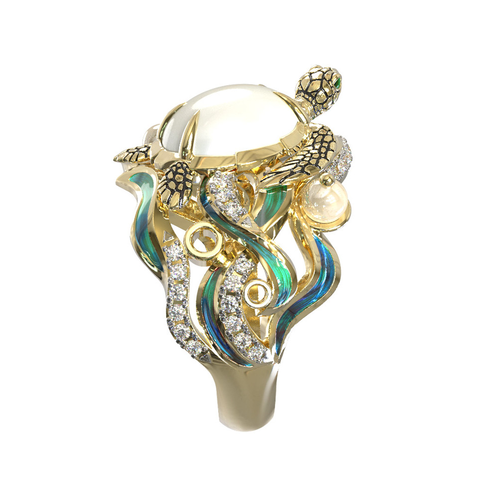 Кольцо из лимонного золота c эмалью, бриллиантами, жемчугом и перламутром