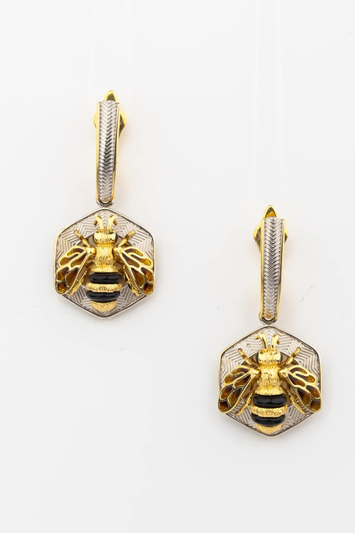 Серьги из лимонного золота c эмалью, ониксом и эмалью