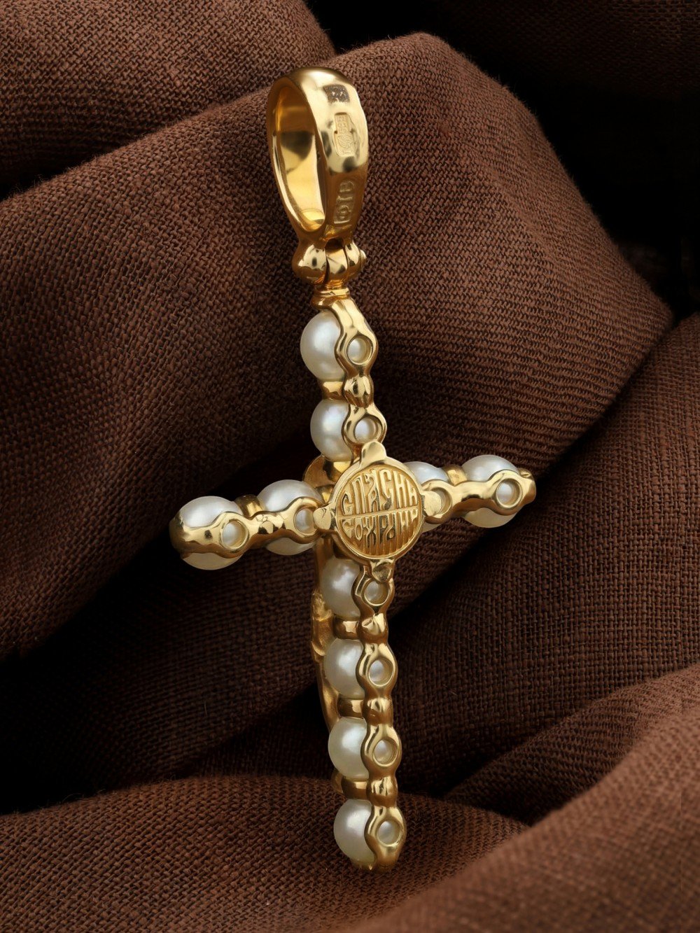 Крест из лимонного золота c жемчугом