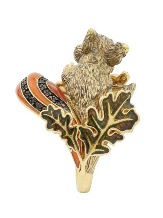 Кольцо из лимонного золота c эмалью, гранатом и янтарём