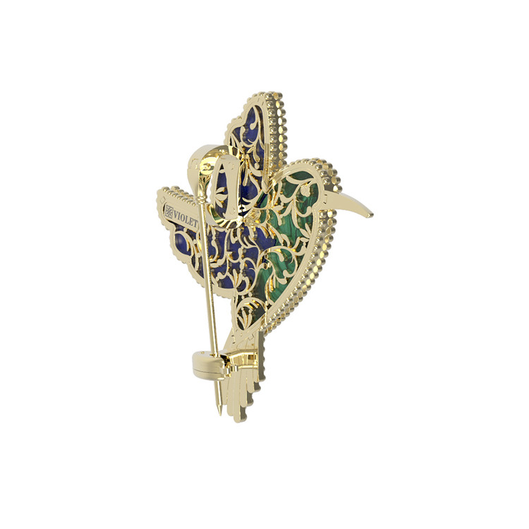 Брошь из лимонного золота c эмалью, лазуритом и малахитом