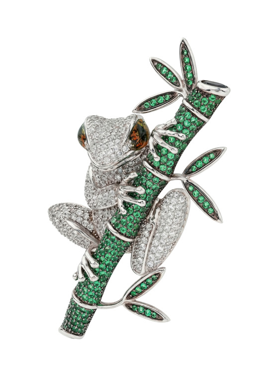 Брошь из белого золота c эмалью, фианитом и дымчатым кварцем