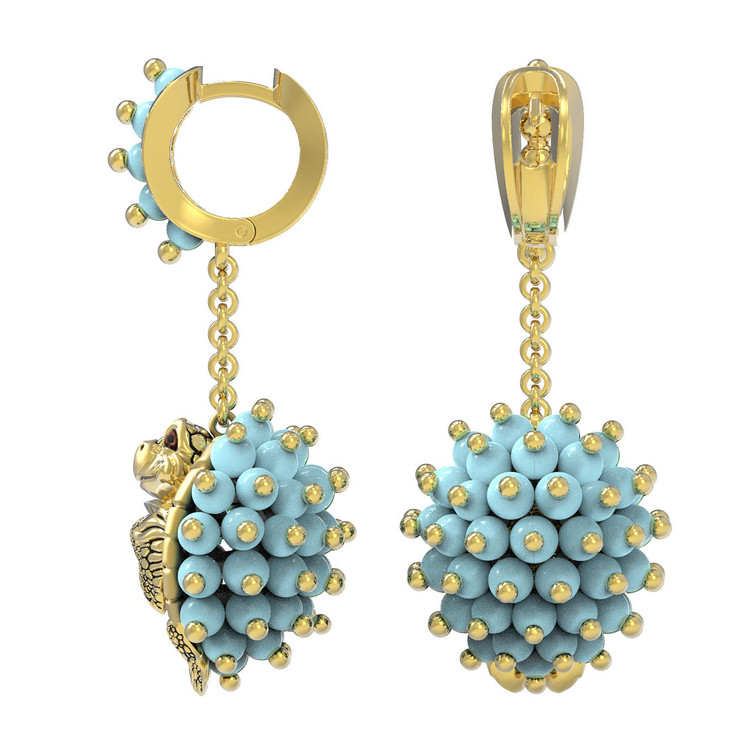 Серьги из лимонного золота c эмалью и бирюзой