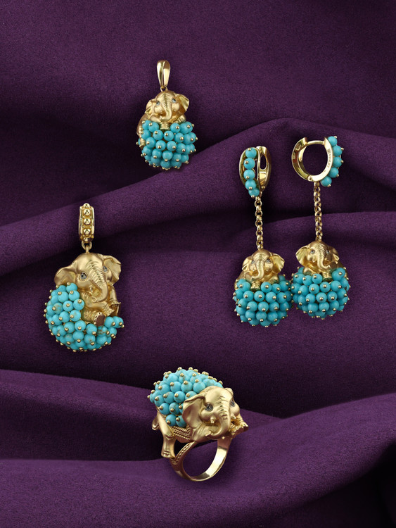 Кольцо из лимонного золота c эмалью и бирюзой