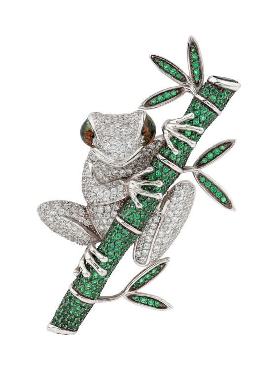 Брошь из белого золота c эмалью, фианитом и дымчатым кварцем