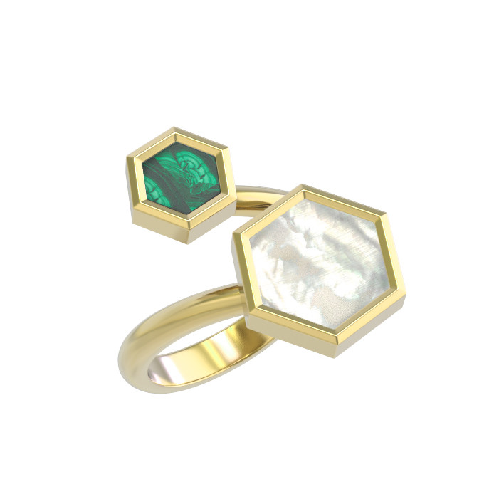 Кольцо из лимонного золота c малахитом и перламутром