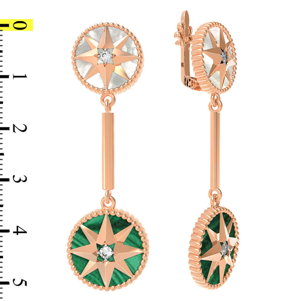 Серьги из золота c фианитом, малахитом и перламутром