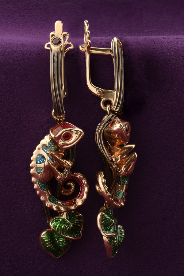 Серьги из золота c эмалью и гранатом