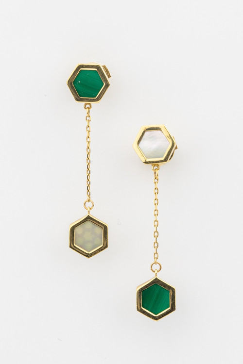 Серьги из лимонного золота c малахитом и перламутром