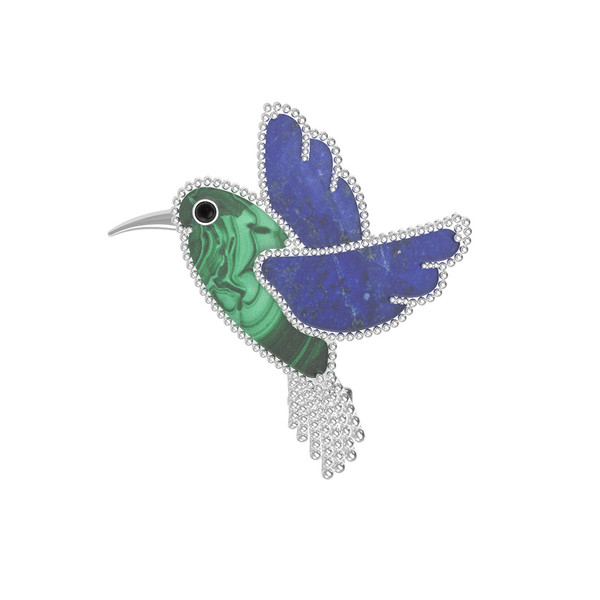 Брошь из белого золота c эмалью, лазуритом и малахитом