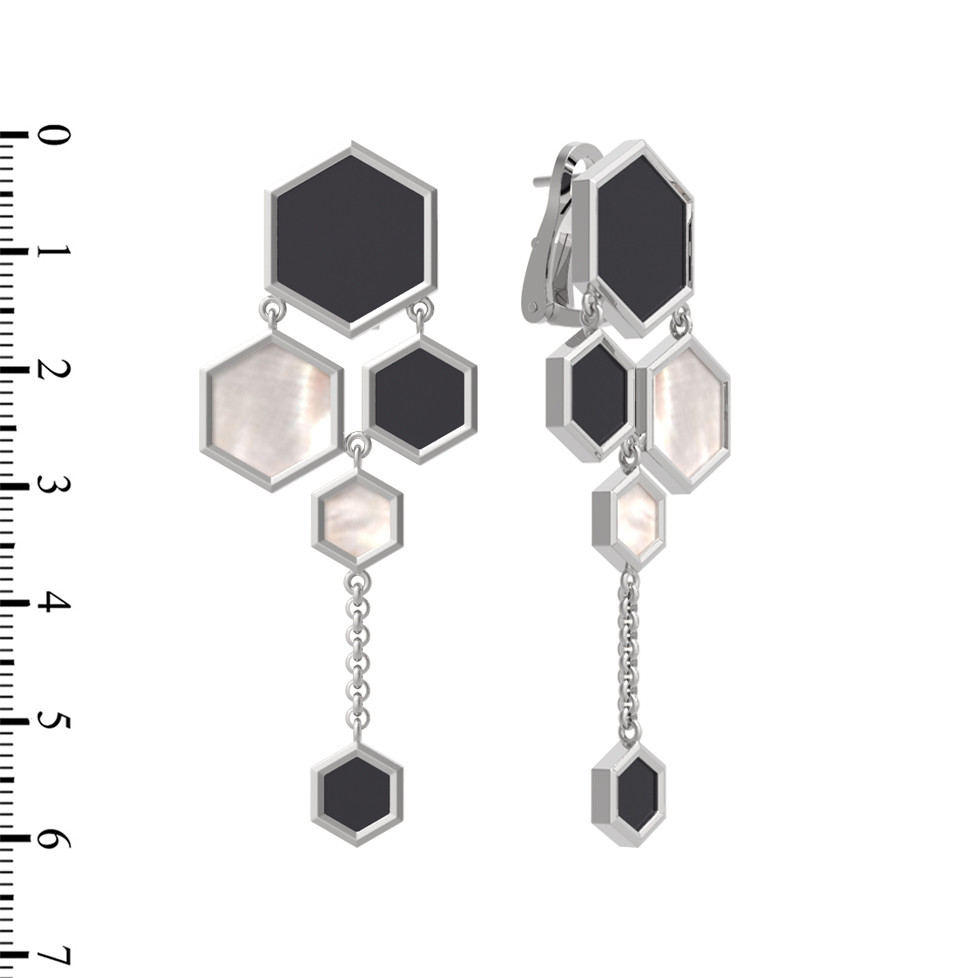 Серьги из белого золота c ониксом и перламутром
