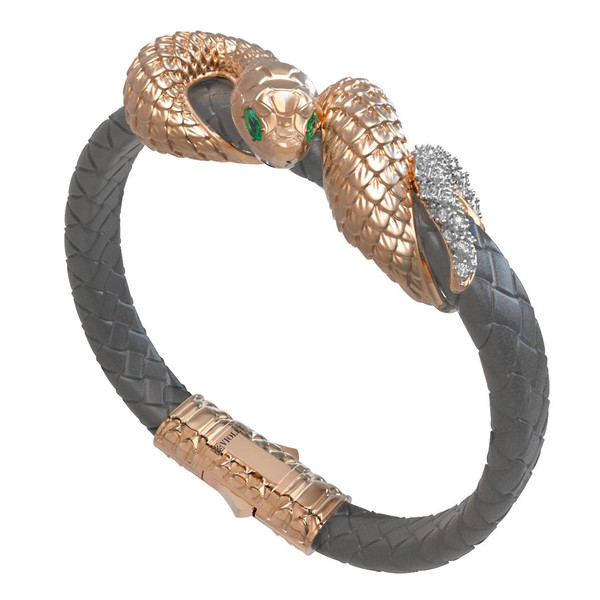 Браслет из золота c бриллиантами, изумрудом и кожаным шнурком