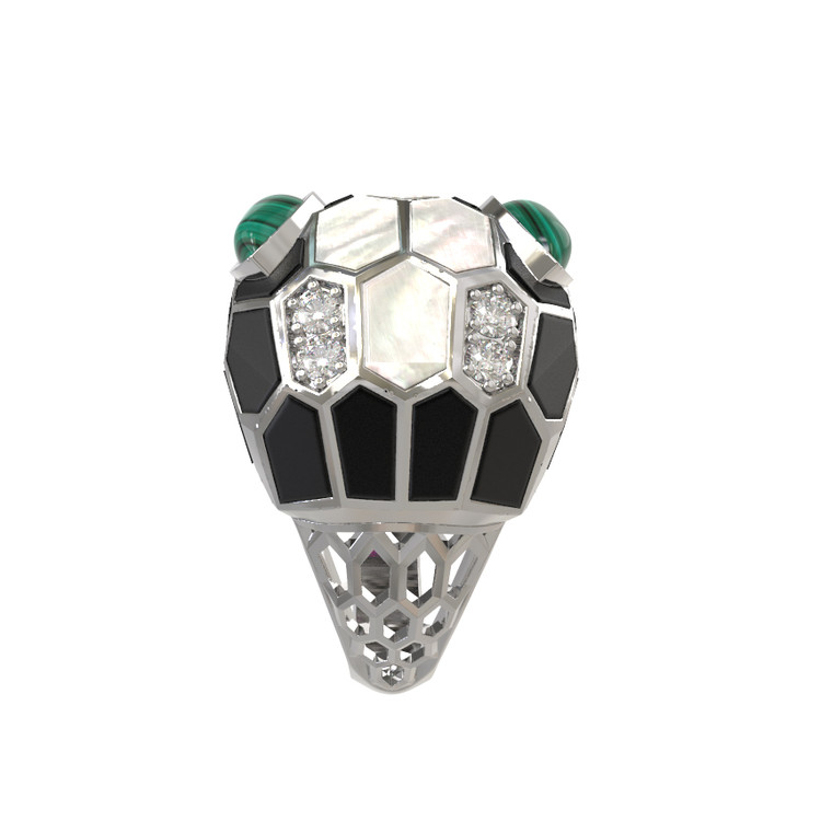 Кольцо из белого золота c бриллиантами, рубином, ониксом, малахитом и перламутром