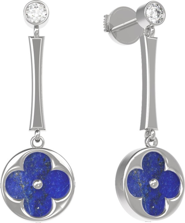 Серьги из белого золота c фианитом и лазуритом