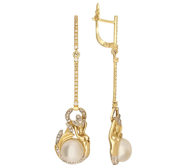 Серьги из лимонного золота c бриллиантами и жемчугом