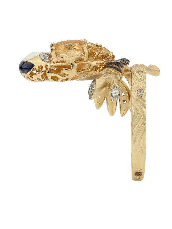 Кольцо из лимонного золота c эмалью, фианитом, цитрином и сапфиром