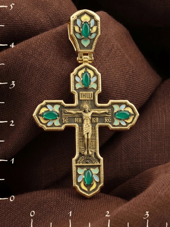 Крест из лимонного золота c эмалью и хризопразом