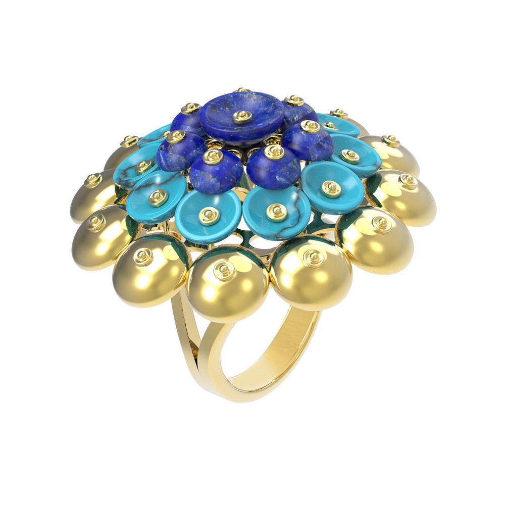 Кольцо из лимонного золота c бирюзой и лазуритом