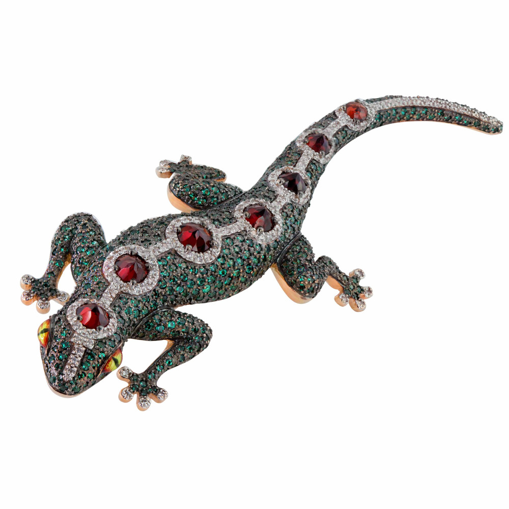 Брошь из золота c эмалью, фианитом и гранатом