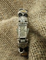 Браслет из серебра 925 пробы и золота 585 пробы c кожаным шнурком и ониксом