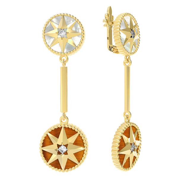 Серьги из лимонного золота c фианитом, тигровым глазом и перламутром