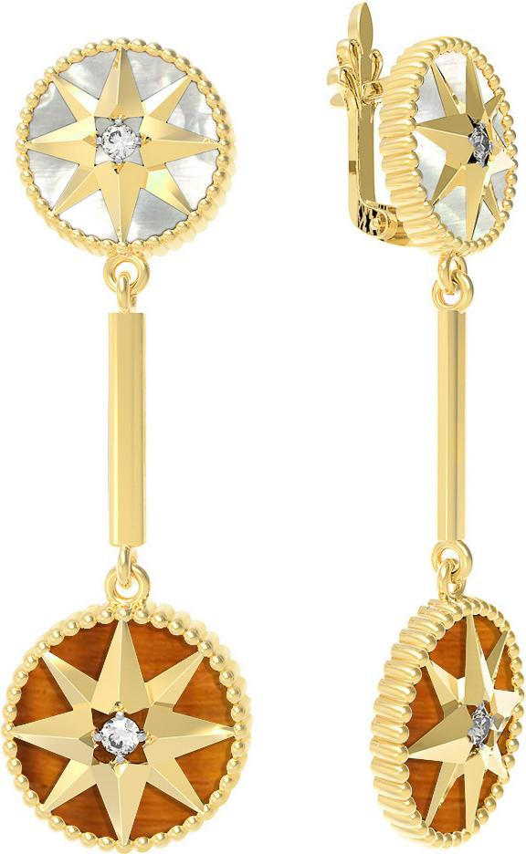 Серьги из лимонного золота c фианитом, тигровым глазом и перламутром