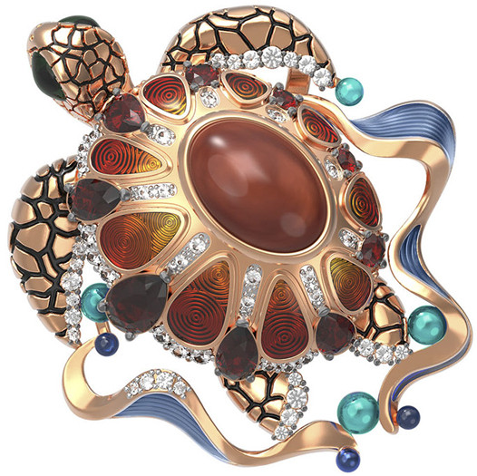 Подвеска из золота c эмалью, фианитом, гранатом и янтарём