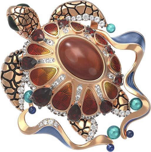 Подвеска из золота c эмалью, фианитом, гранатом и янтарём