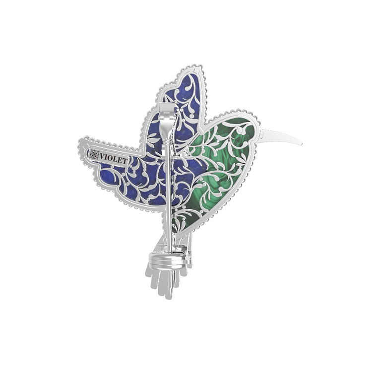 Брошь из белого золота c эмалью, лазуритом и малахитом