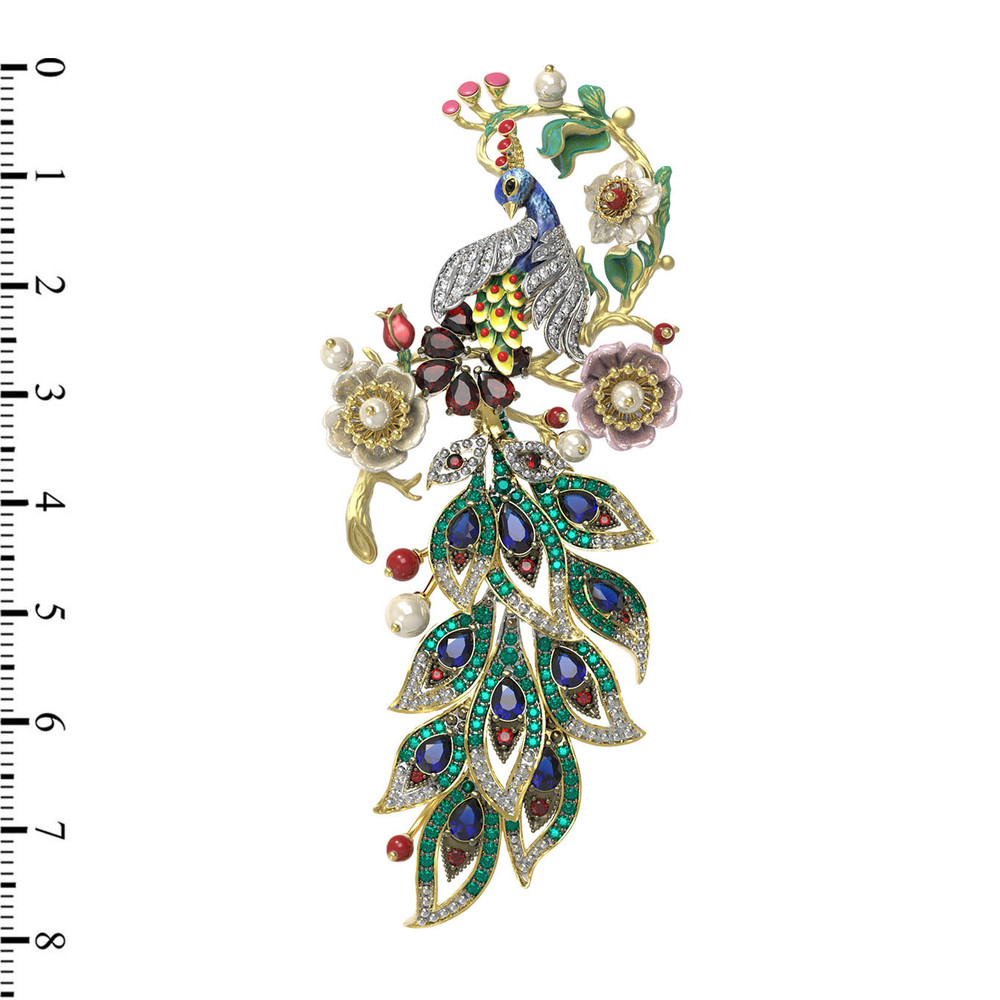 Брошь из лимонного золота c эмалью, фианитом, гранатом, жемчугом, сапфиром, кораллом и перламутром