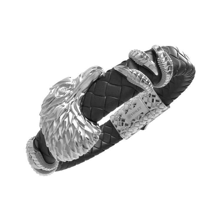 Браслет из белого золота c бриллиантами и кожаным шнурком