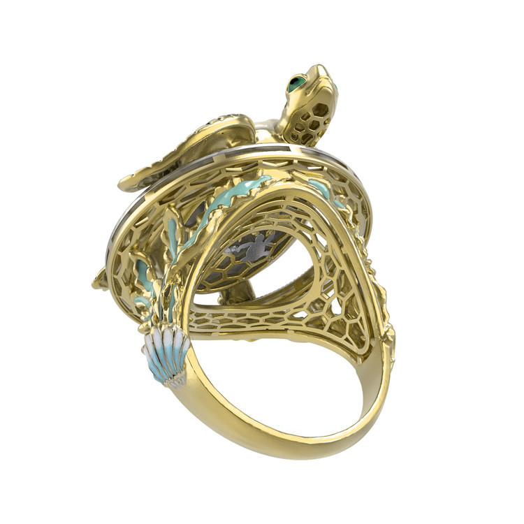 Кольцо из лимонного золота c эмалью и бивнем мамонта